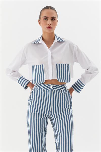 Poplin Çizgili Denimli Gömlek Beyaz / İndigo