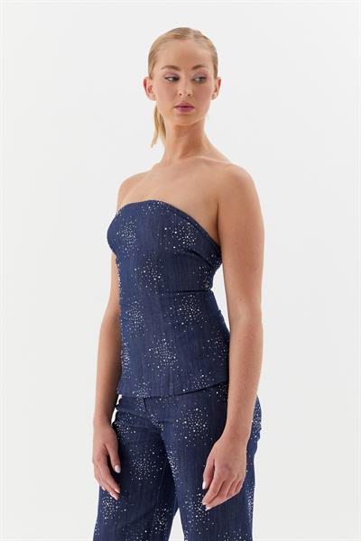 Serpme Taşlı Büstiyer İndigo