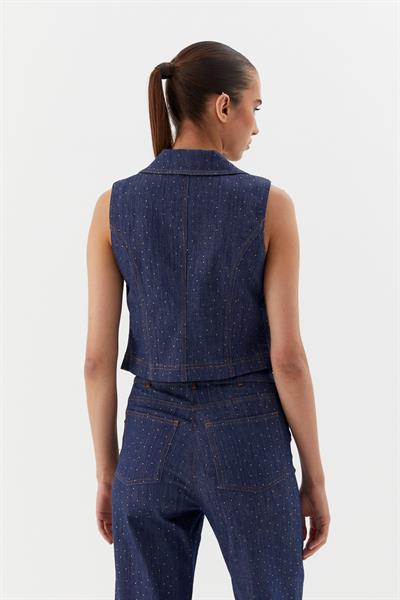 Serpme Taşlı Denim Yelek İndigo