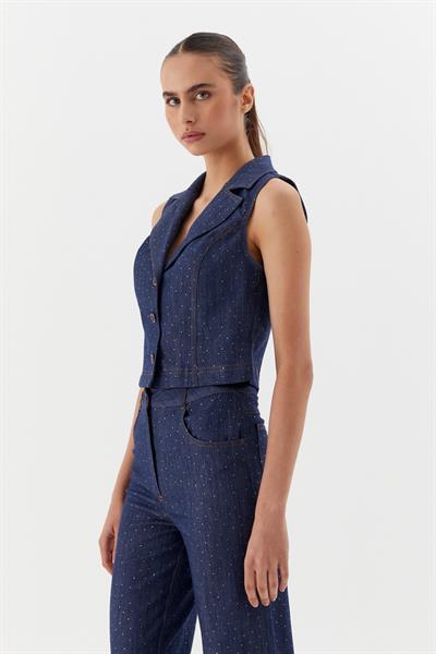Serpme Taşlı Denim Yelek İndigo
