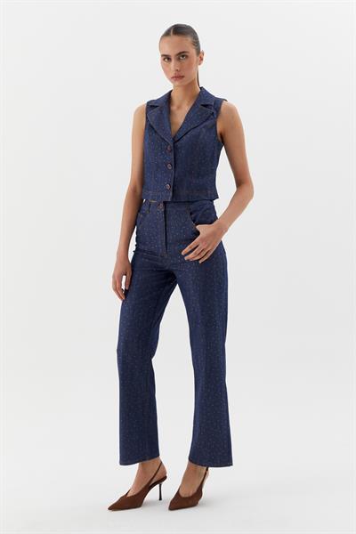 Serpme Taşlı Denim Yelek İndigo