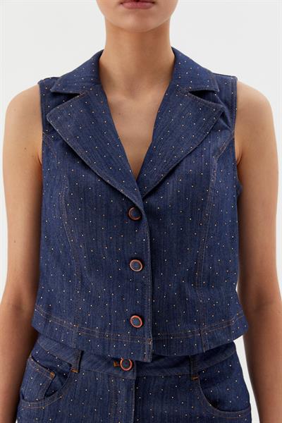 Serpme Taşlı Denim Yelek İndigo