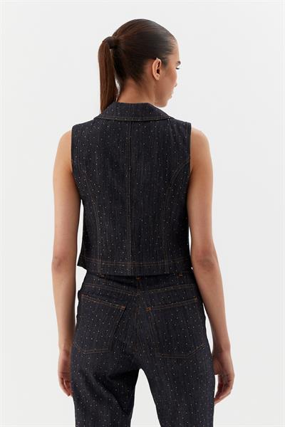 Serpme Taşlı Denim Yelek Siyah
