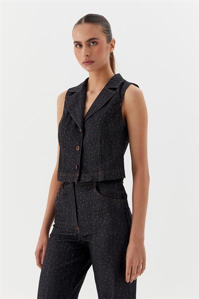 Serpme Taşlı Denim Yelek Siyah