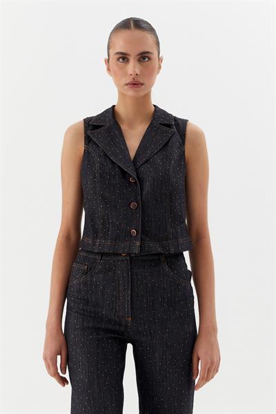 Serpme Taşlı Denim Yelek Siyah