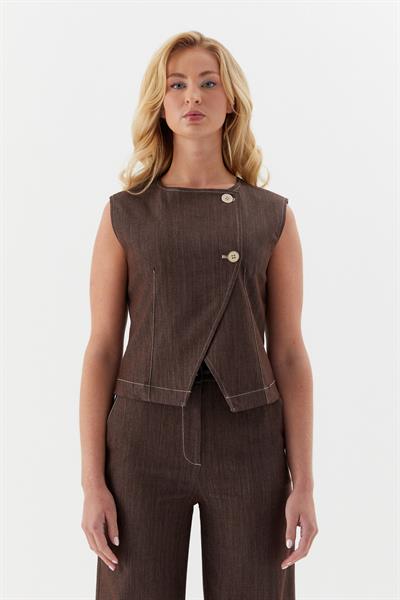 Slim Önü Düğmeli Yelek Kahverengi