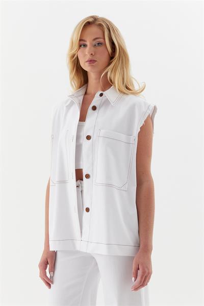 Süs Cep Dikişli Slim  Yelek Beyaz