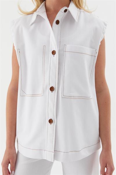 Süs Cep Dikişli Slim  Yelek Beyaz