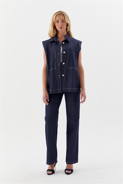 Süs Cep Dikişli Slim Yelek İndigo