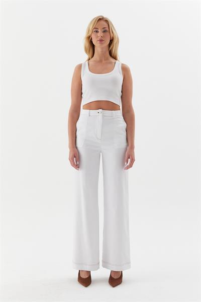 Taba Dikişli Slim Pantolon Beyaz