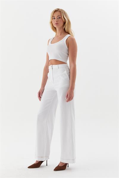 Taba Dikişli Slim Pantolon Beyaz