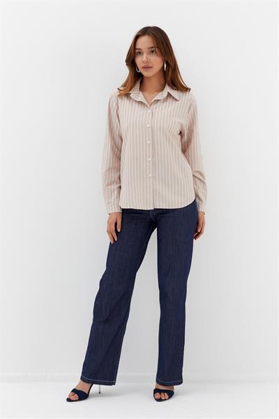 Taşlı Çizgili Poplin Gömlek Bej