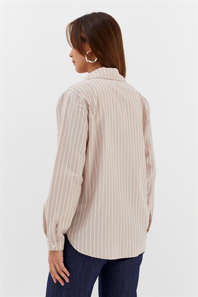 Taşlı Çizgili Poplin Gömlek Bej