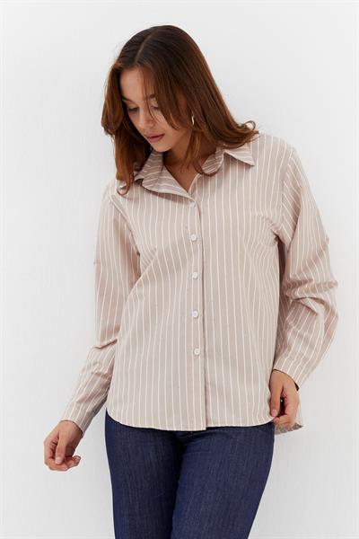 Taşlı Çizgili Poplin Gömlek Bej