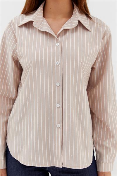 Taşlı Çizgili Poplin Gömlek Bej