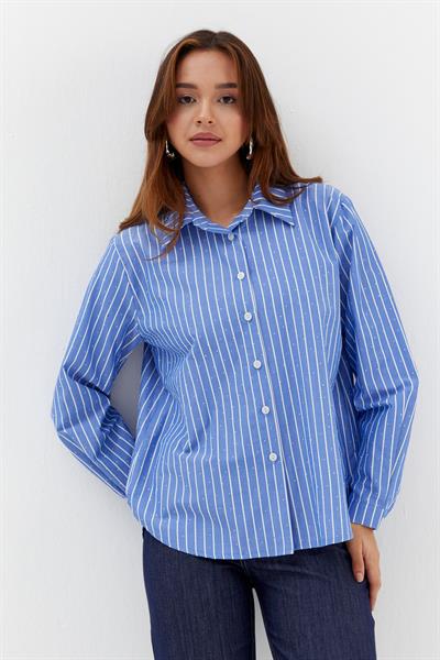 Taşlı Çizgili Poplin Gömlek İndigo