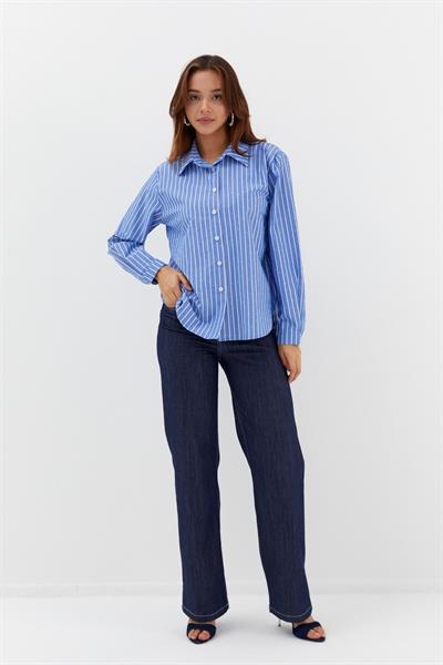 Taşlı Çizgili Poplin Gömlek İndigo