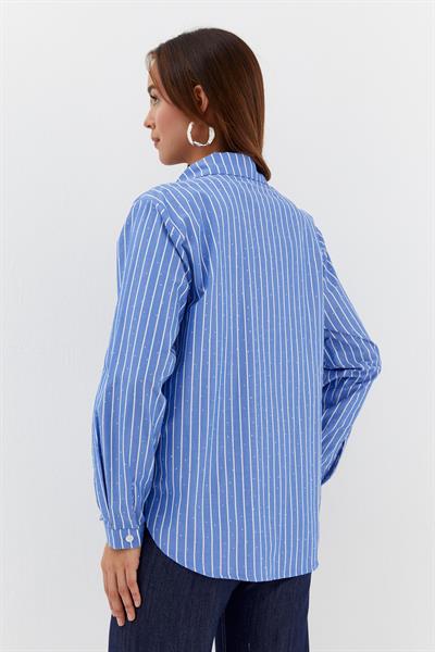 Taşlı Çizgili Poplin Gömlek İndigo