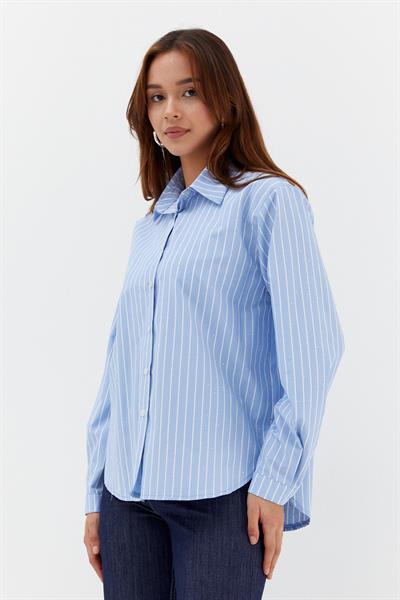 Taşlı Çizgili Poplin Gömlek Mavi