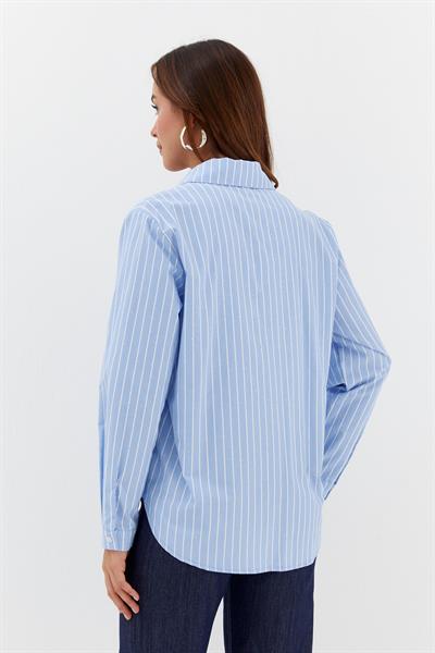 Taşlı Çizgili Poplin Gömlek Mavi