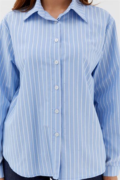 Taşlı Çizgili Poplin Gömlek Mavi