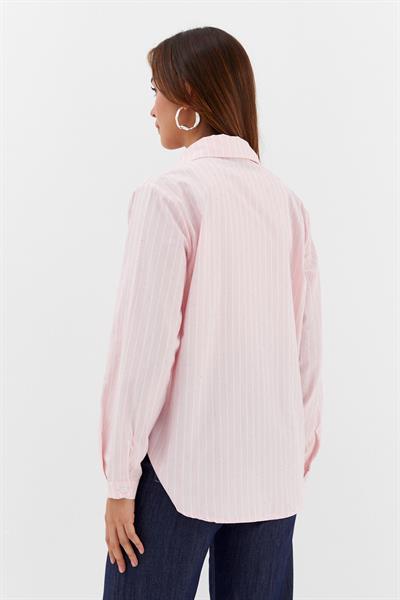 Taşlı Çizgili Poplin Gömlek Pembe