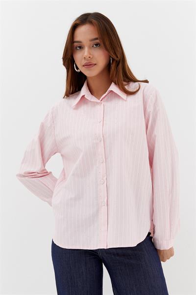 Taşlı Çizgili Poplin Gömlek Pembe