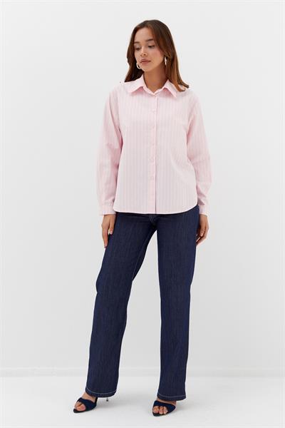 Taşlı Çizgili Poplin Gömlek Pembe