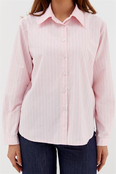 Taşlı Çizgili Poplin Gömlek Pembe