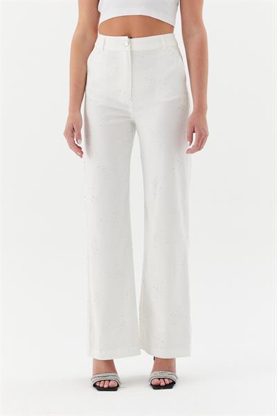 Taşlı Denim Pantolon Beyaz