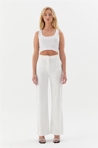 Taşlı Denim Pantolon Beyaz