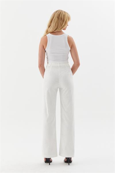 Taşlı Denim Pantolon Beyaz