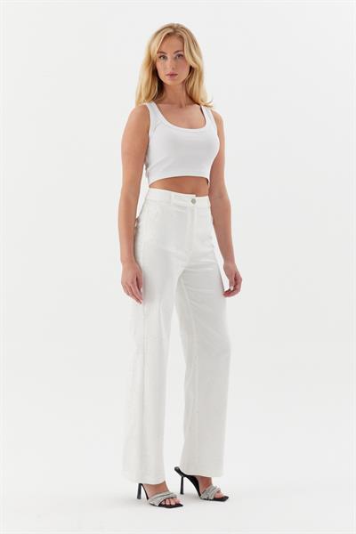 Taşlı Denim Pantolon Beyaz