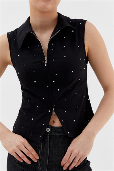 Taşlı Kolsuz Fermuarlı Gömlek Siyah