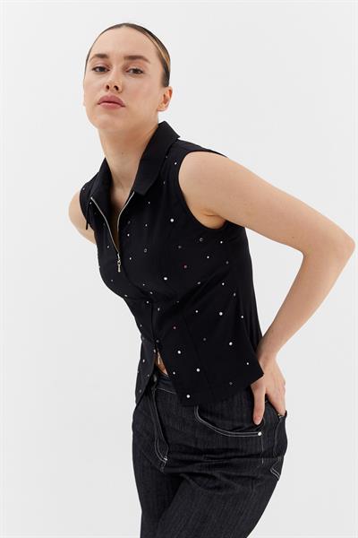 Taşlı Kolsuz Fermuarlı Gömlek Siyah