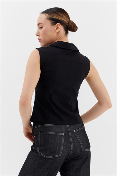 Taşlı Kolsuz Fermuarlı Gömlek Siyah