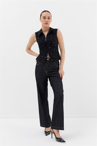 Taşlı Kolsuz Fermuarlı Gömlek Siyah