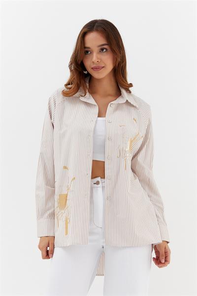 Varaklı Poplin Çizgili Gömlek Bej