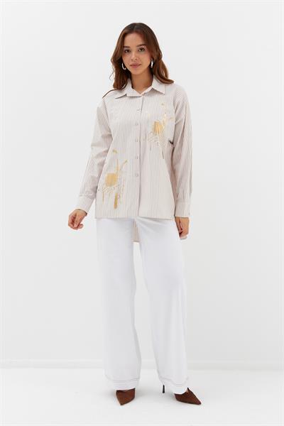 Varaklı Poplin Çizgili Gömlek Bej