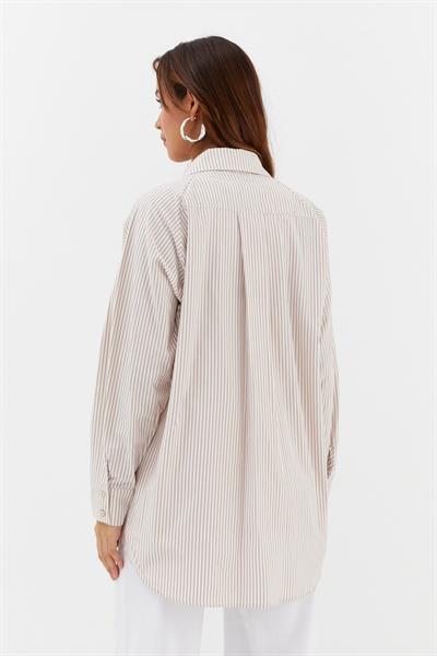 Varaklı Poplin Çizgili Gömlek Bej