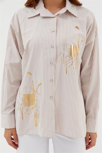 Varaklı Poplin Çizgili Gömlek Bej