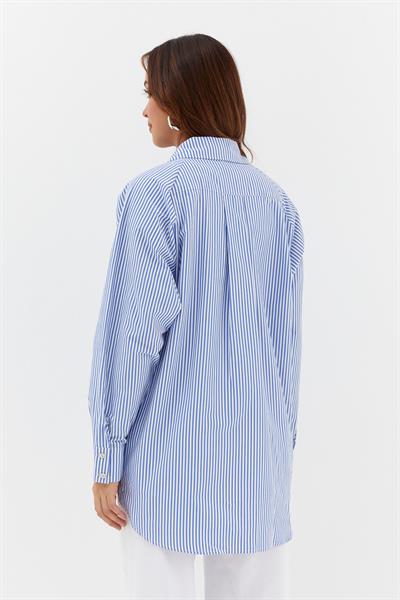 Varaklı Poplin Çizgili Gömlek İndigo