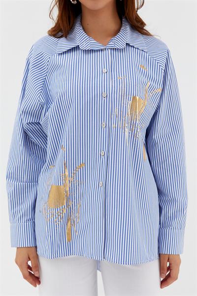 Varaklı Poplin Çizgili Gömlek İndigo