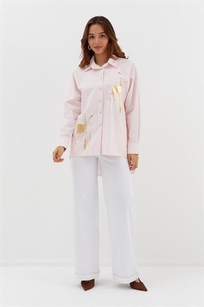 Varaklı Poplin Çizgili Gömlek Pembe