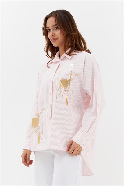 Varaklı Poplin Çizgili Gömlek Pembe