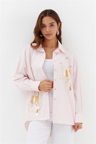 Varaklı Poplin Çizgili Gömlek Pembe