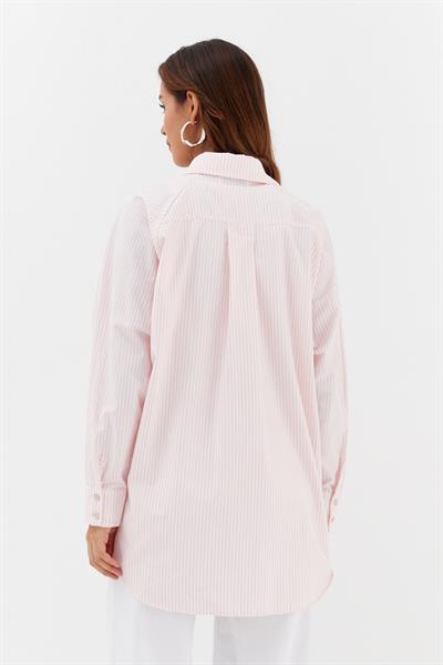 Varaklı Poplin Çizgili Gömlek Pembe