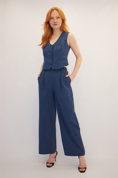 Yelekli Çizgi Detaylı Takım İndigo