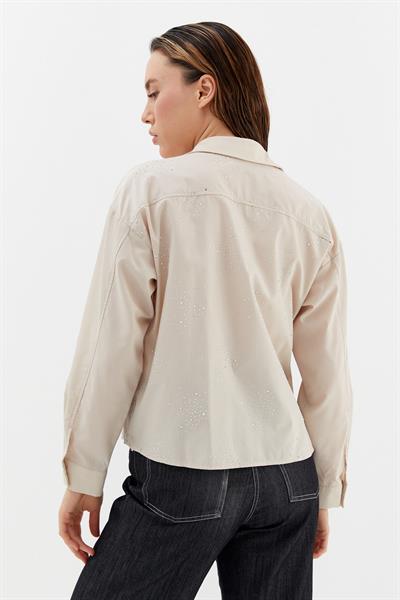 Yoğun Serpme Taşlı Poplin Gömlek Bej
