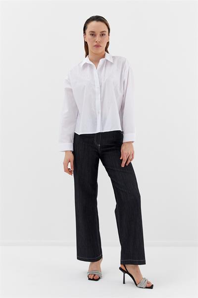 Yoğun Serpme Taşlı Poplin Gömlek Beyaz